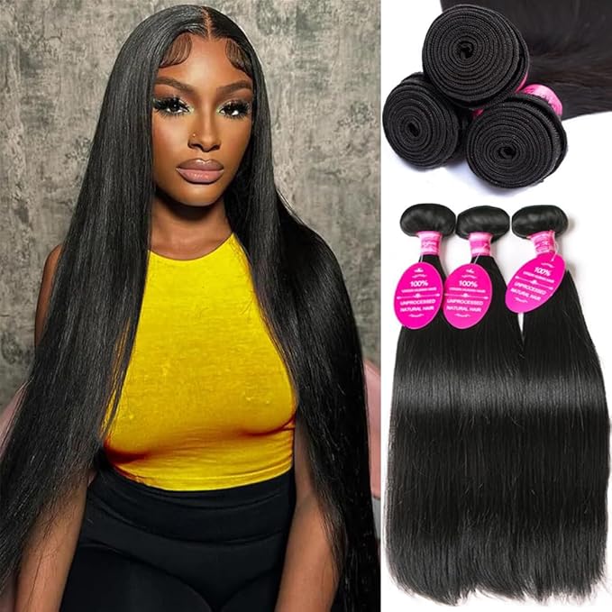 Brazilian Straight Bundles Human Hair 22 24 26 Inch, 12A Grade, 100% Unprocessed Virgin Human Hair Extensions, Natural Black (22-26)