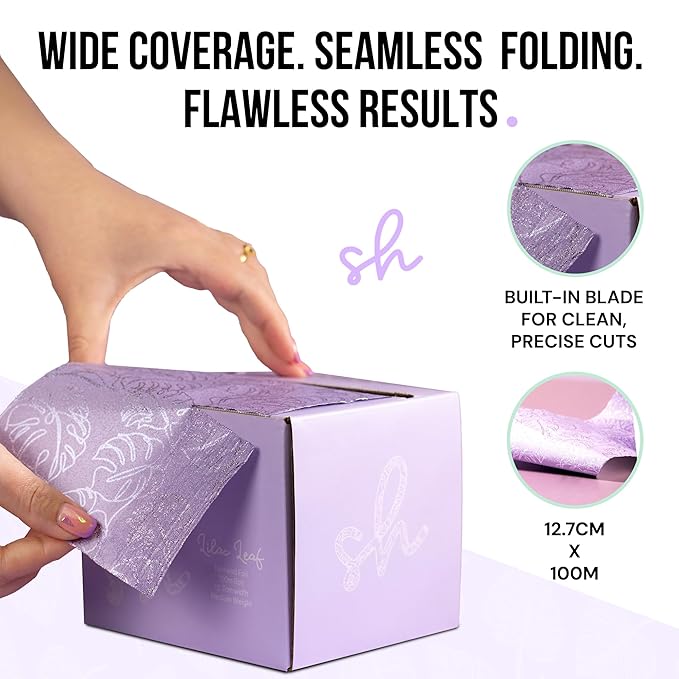 Simply Hair Hair Foil Roll – 100m Embossed Medium Weight Roll with Built-In Cutter – Custom Length Foil for Hair Dye, Highlights & Balayage - No-Slip Grip - 12.7cm - Lilac Leaf