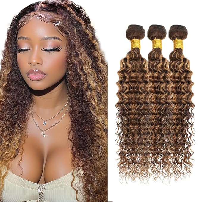 30 32 34 inch WuvuSnm P427 Human Hair Bundles Highlight Deep Wave Bundles Dark Brown Human Hair Bundle 150g