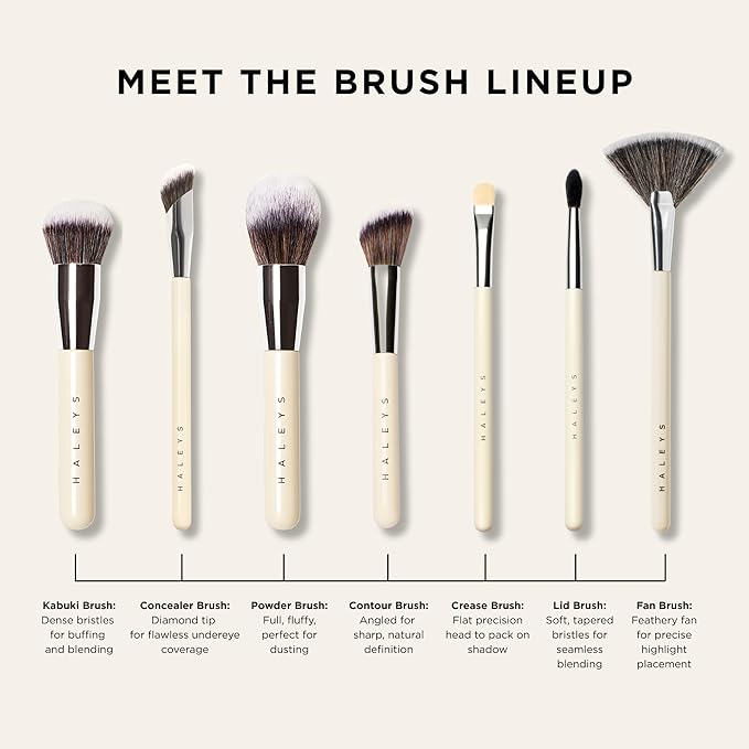 HALEYS Kabuki Makeup Brush + 6 Free Mini Skin Tint Foundations – Vegan Blending Brush for Liquid, Cream & Powder, Flawless Airbrushed Base Kit for Travel and Gifting