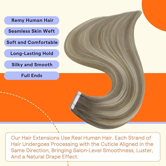 Full Shine Tape Ins Human Hair Extensions 20PCS Color 19/8/60 Blonde and Brown Balayage Straight Seamless Skin Weft Tape in Hair Extensions Human Hair 50 Grams Remy Soft and Silky 14 Inch for Women