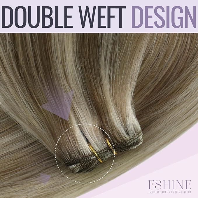 Fshine Sew in Hair Extensions Real Human Hair Highlight Ash Brown with Platinum Blonde Hand Tied Weft Hair Extensions Straight Double Weft Remy Human Hair 100g 22 Inch