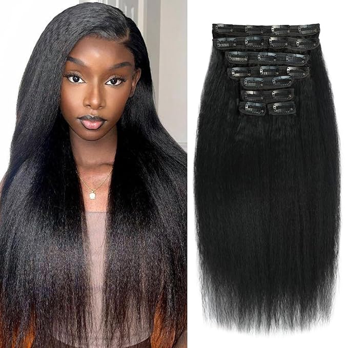 Kinky Straight Clip in Hair Extensions 22 Inch Human Hair Yaki Straight Clip ins Seamless Remy Human Hair Clip in Extensions for Women Natural Black 8Pcs 100g 20 Clips