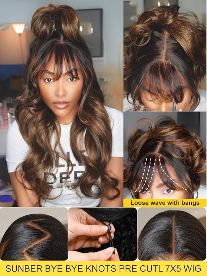 Sunber Ombre Brown Highlight Balayage Loose Body Wave With Bangs Glueless Wigs Pre cut 7x5 HD Lace Front Bye Bye Knots Drawstring Wig 16Inch Put On Go Pre Plucked Bleached Invisible Knots 180% Density