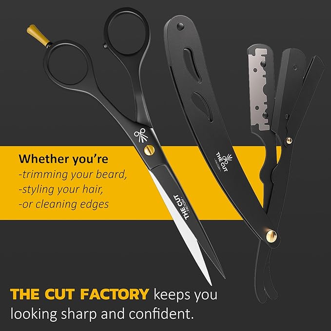 The Cut Factory- Hair Cutting Scissors & Straight Razor Barber Kit with Leather Pouch – Professional Hair Scissors, Barber Scissors & Razor with 20 Replaceable Blades