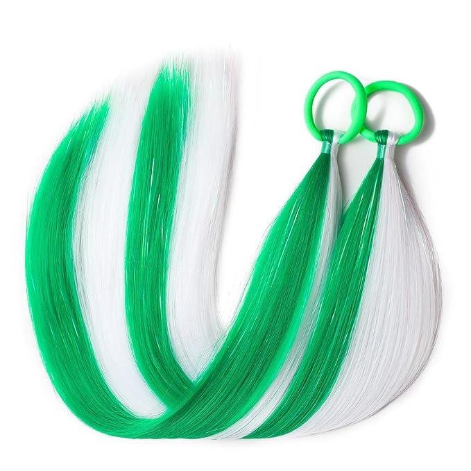 White and Green Hair Extensions for Braids Ponytail Extension 2 Packs, 20 inch Crazy Hair Day Accessories for Women, DIY Festival Wacky Rave Braids for Women,Tinsel Mixed