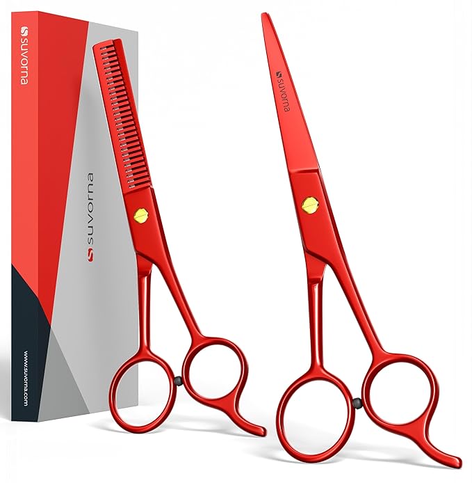 Suvorna 6.5" Professional Hair Scissors Set with Thinning Shears for Hair Dressers, Barbers and Professionals - Extremely Sharp Hair Cutting Scissors Set for Thinning and Layering (Red)