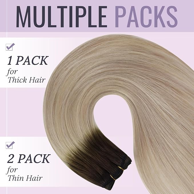 fshine Sew in Real Human 18 Inch Ombre Double Weft Sew Remy Brown Fading to Ash and Blonde Weft Hair 100g 18 Inch-100g