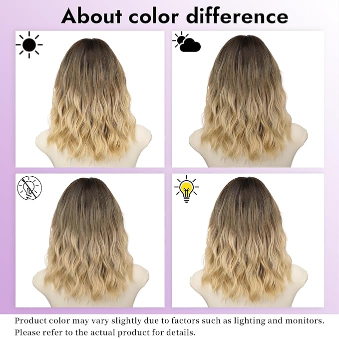 AISI HAIR 14 Inch Ombre Blonde Wigs for Women - Shoulder Length Wave Wig with Pre-Cut Lace Hairline, Middle Part Natural Wavy Bob Synthetic Heat Resistant Fiber for Daily and Party