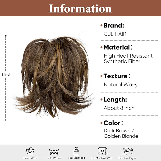 CJL HAIR Claw Clip Short Ponytail Hair Extensions DIY Bendable Metals Messy Bun Hair Piece for Wonen Straight Synthetic Fake Hairpieces Dark Brown/Golden Blonde