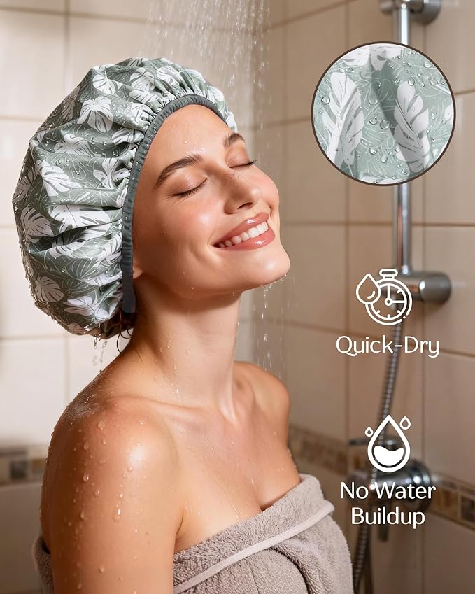 Yanibest Shower Cap for Women - Hair Satin Bonnet Shower Cap for Women Waterproof Extra Large Double Layer Reusable Adjustable for Braids Long Hair