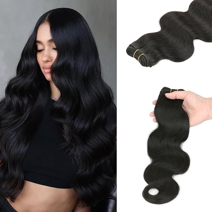 Sew in Hair Extensions Real Human Hair, 110g 18 inch 1B Natural Black Body Wave Bundles Remy Human Hair Weave Extensions Double Weft