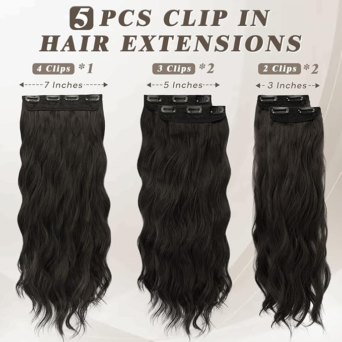 BARSDAR 20 Inch Wavy Clip in Hair Extensions – 5PCS Thick Soft Synthetic Hairpieces – Black Brown Full Head Clip in Hair Extensions for Women – Long Voluminous Easy Wear for Daily Party Halloween