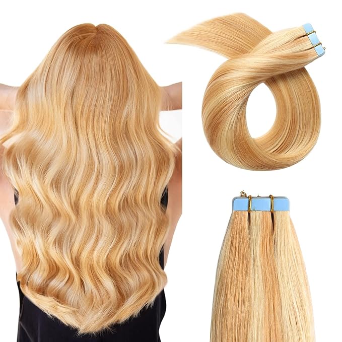 YILITE Tape in Human Hair Extensions 24 Inches 50g 20Pcs Strawberry Blonde #27 Highlighted Bleach Blonde #613 Piano Color, #P27/613 Mixed