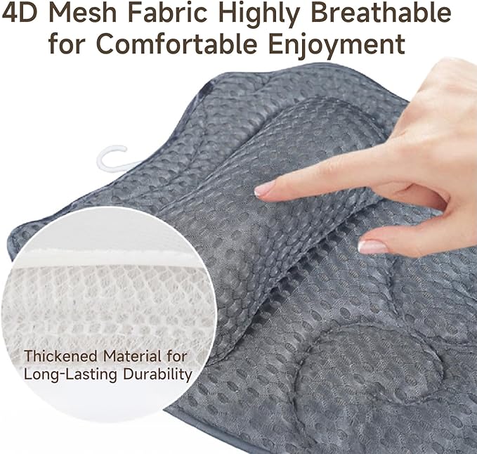 Bath Pillow with 48 Strong Suction Cups - 4D Air Mesh Bathtub Pillow for Neck, Head, Shoulder & Back Support - Extra Thick, Quick-Drying Spa Pillow with Built-in Hook(Grey)