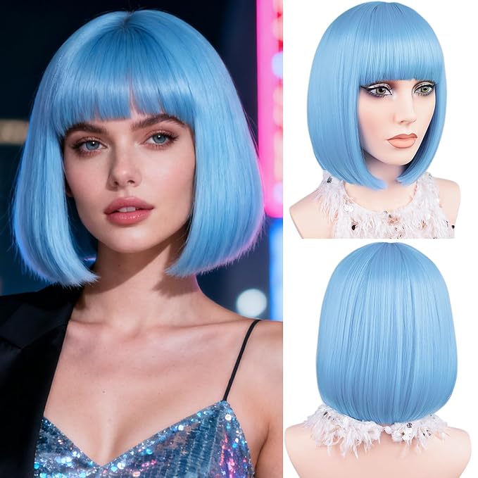 MAYSA Blue Bob Wig With Bangs Short Straight Bob Wig for Women Cosplay Daily Party Synthetic Colorful Wigs 12Inch # Baby Blue