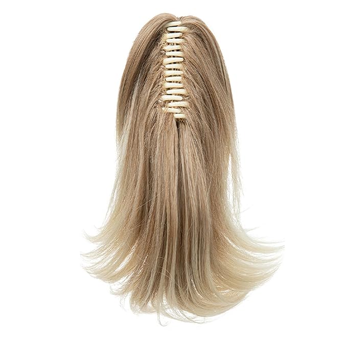 Ponytail Hair Extensions, 12 Inch Claw Clip Ponytail Hair Extensions for Women, Chin Clip Wigs, Soft Synthetic Wigs-Gloden Blonde and Becch slonde Tips