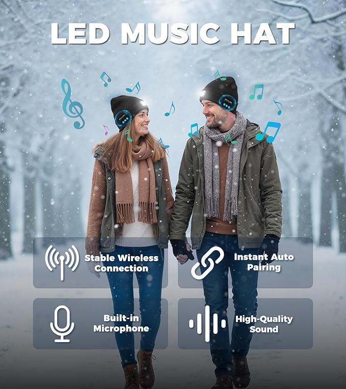 Bluetooth Beanie Hat, USB Rechargeable 4 LED Wireless Music Running Headlamp Cap, Gifts for Christmas, Stocking Stuffer & White Elephant Gifts for Men, Women, Him, Her