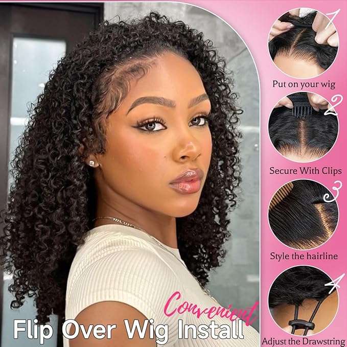 IUPin Curly Half Human Hair Wig 20 Inch 200% Density 3 In 1 Seamless Flip Over Glueless Wear And Go Wigs Human Hair With Update Drawstring Headband Seamless Clip Ins Kinky Curly Wigs For Women