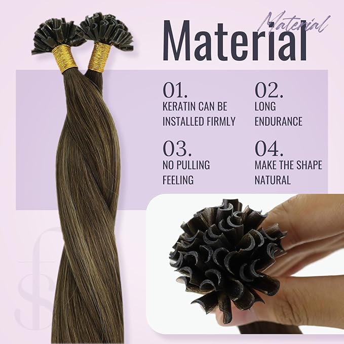 Fshine Keratin U Tip Human Hair Extensions Dark Brown to Chestnut Brown Balayage Remy K Tip Hair Extensions Pre Bonded Human Hair Extensions 16 Inch Silky Straight Brown Balayage Human Hair 50g/50s