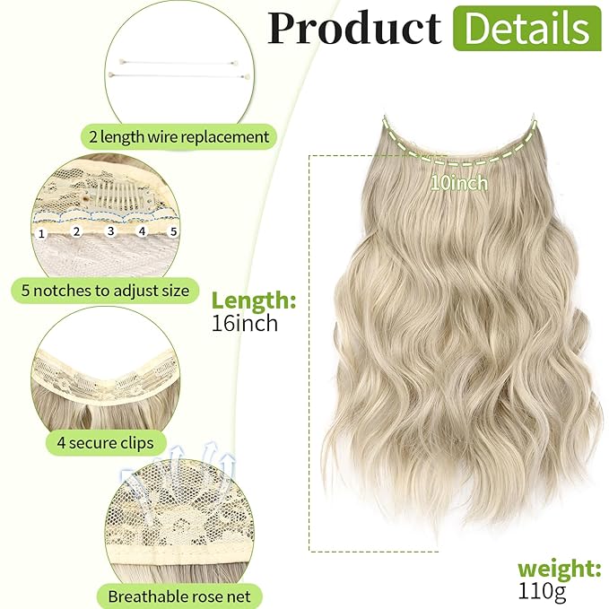 KooKaStyle Invisible Wire Hair Extensions with Transparent Headband Adjustable Size 4 Secure Clips Long Wavy Secret Wire Hairpiece 16 Inch for Women (Light Brown mix Platinum Blonde)