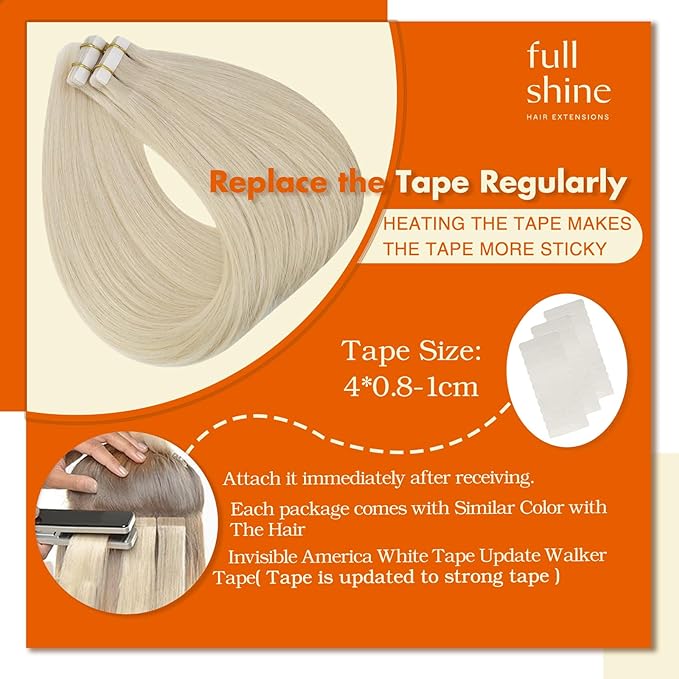 Full Shine Tape in Brazilian Human Hair Blonde Tape Hair Extensions 14Inch Skin Weft Hair Extensions Real Human Hair Color 60 Platinum Blonde Remy Seamless Human Hair Extension 50G 20Pcs for Wedding