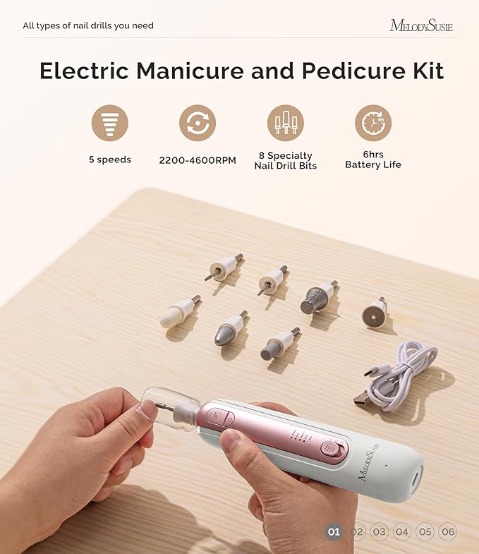 MelodySusie Cordless Pedicure & Manicure Nail Drill Kit, PC760G for Salon-Quality Foot Care for Home & Travel, Rechargeable with 5 Speeds, 8-in-1 Bits, 360° LED Light & Anti-Dust Shield