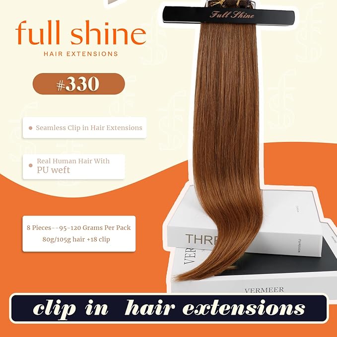 Full Shine Hair Clip in Extensions 22 Inch Copper Red Real Hair Extensions Clip in Human Hair Skin Weft Auburn Brown for Straight Add Volume 120 G 8 PCS