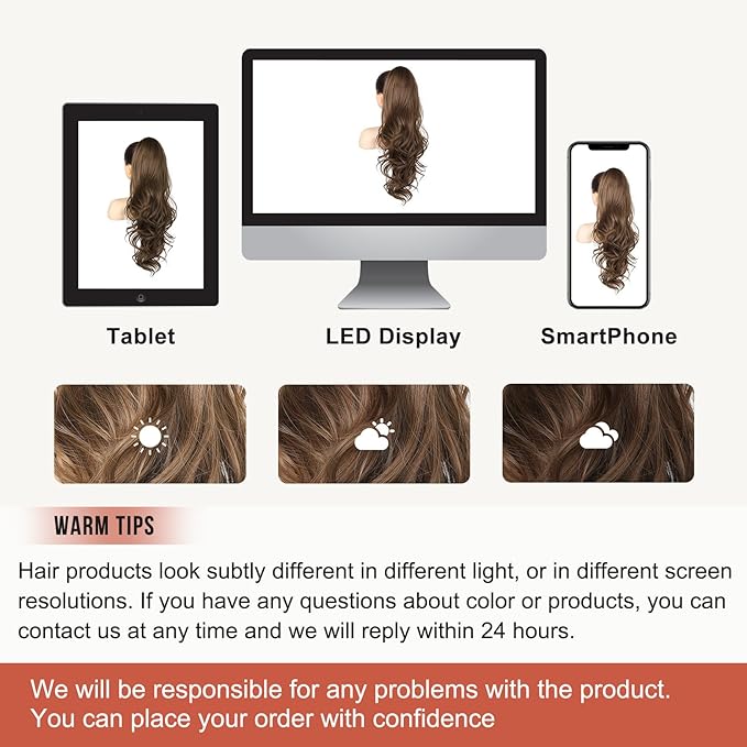 Flufymooz 26" Ponytail Extension, Long Wavy Curly Claw Clip in Ponytail Hair Extensions, Natural Synthetic Hairpiece for Women Daily Wear(Medium Brown with Medium Auburn)