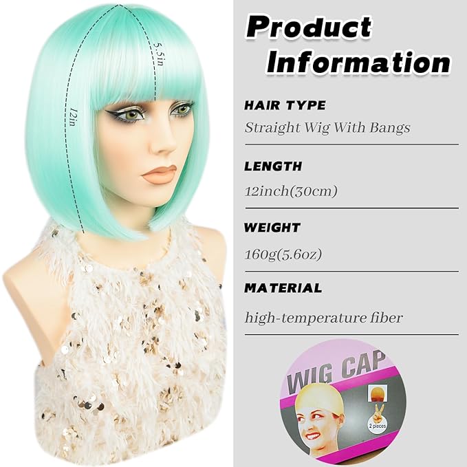 MAYSA Straight Bob Wigs with Bangs Short Bob Wig 12in Cosplay Halloween Colorful Synthetic Wigs for Women # Turquoise