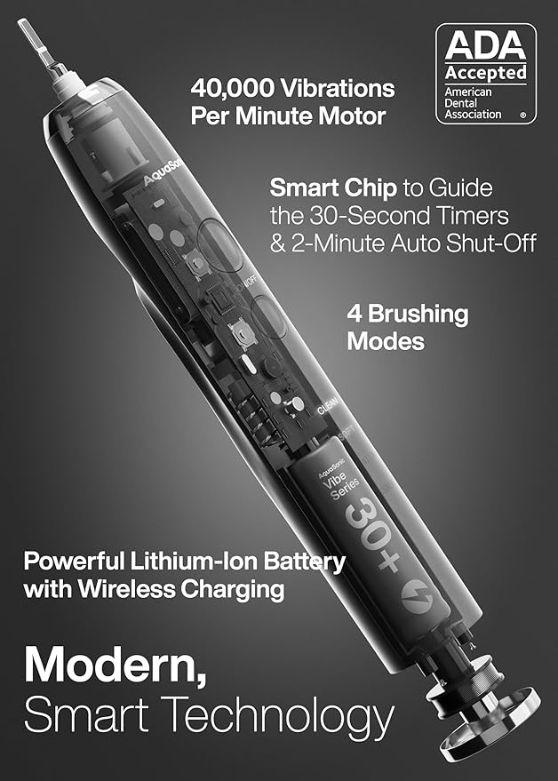 Aquasonic Vibe Series Ultra-Whitening Toothbrush – ADA Accepted Electric Toothbrush - 8 Brush Heads & Travel Case – 40,000 VPM Motor & Wireless Charging - 4 Modes w Smart Timer – Charcoal Metallic