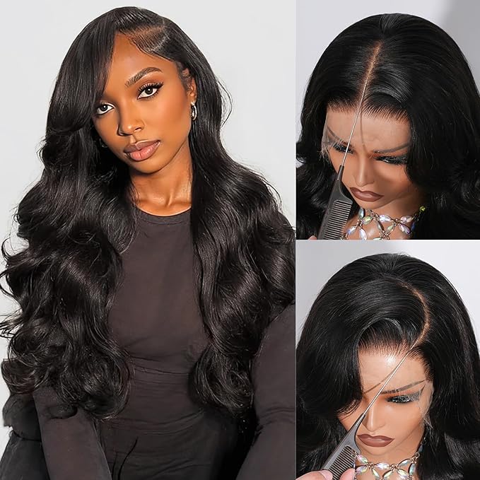 Skinlike HD Lace Wig 13x4 Body Wave Wig 100% Real Human Hair Wig Swiss HD Lace 0.10mm Ultra-Thin Invisible Bleached Knots Pre-plucked Natural Hairline 200% Density Natural Black for Women