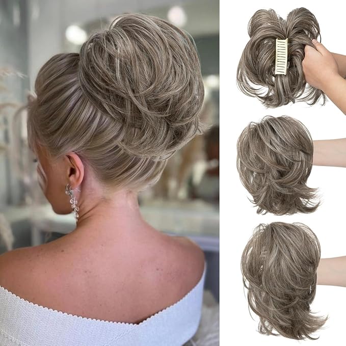 CJL HAIR Claw Clip Short Ponytail Hair Extensions DIY Bendable Metals Messy Bun Hair Piece for Wonen Straight Synthetic Fake Hairpieces Ash Grey