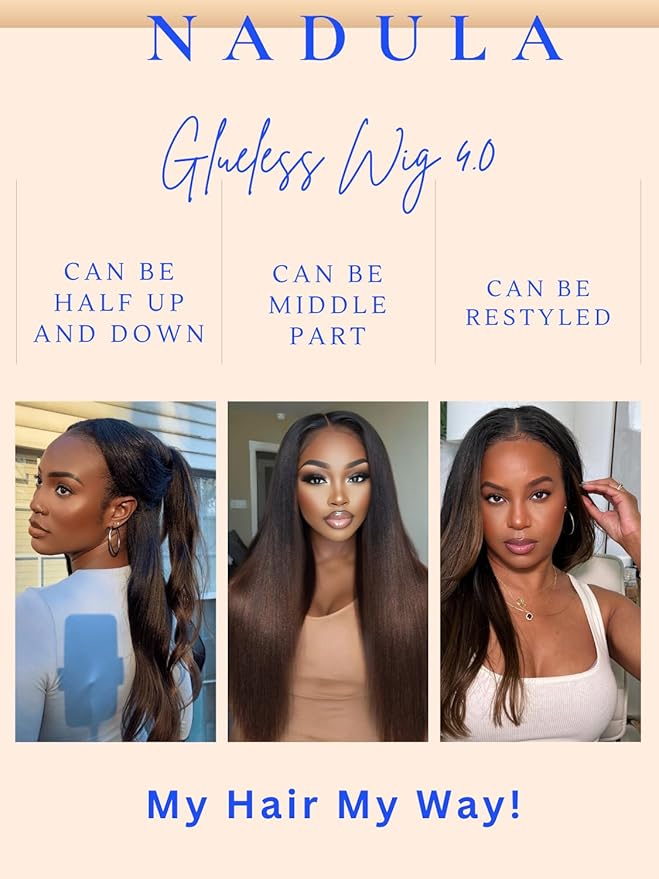 Nadula Chestnut Brown Ombre Yaki Straight Bye Bye Knots Glueless Wig Human Hair with Elastic Drawstring, Highlight Pre Cut 7x5 Invisible Knots HD Lace Front Wigs,Pre Everything Light Yaki Wig 24inch