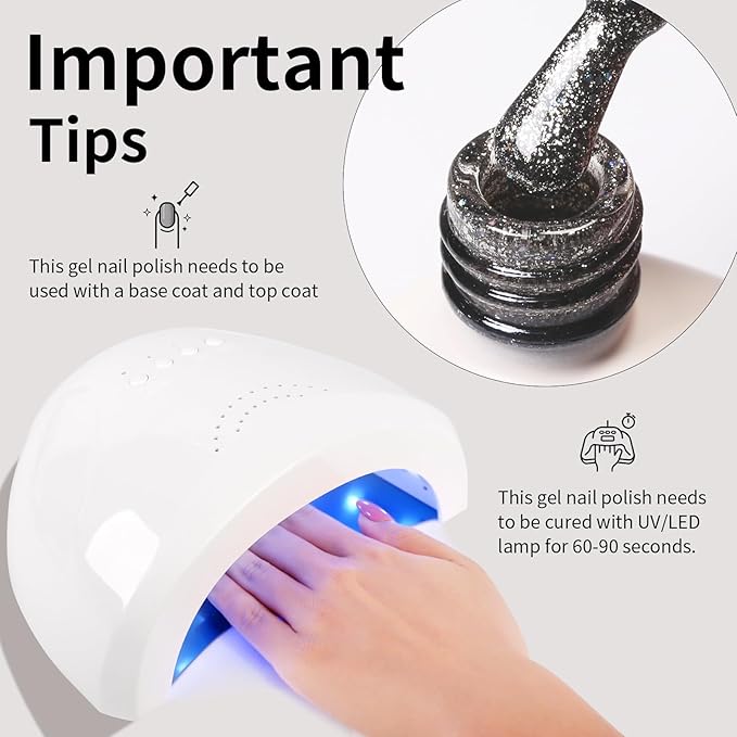 Black Gel Polish Glitter Hema Free 0.34 OZ Same Color Same Top Cover Black Reflective Sparkle UV Polish Christmas Manicure Art DIY