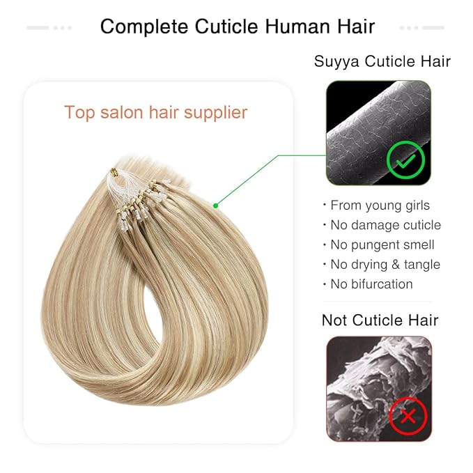 SUYYA Micro Loop Hair Extensions Real Human Hair Ash Blonde/Bleach Blonde Micro Links Straight Microlink Hair Extensions 50 Strands 50g/Pack for Women (18 inch #P18/613)