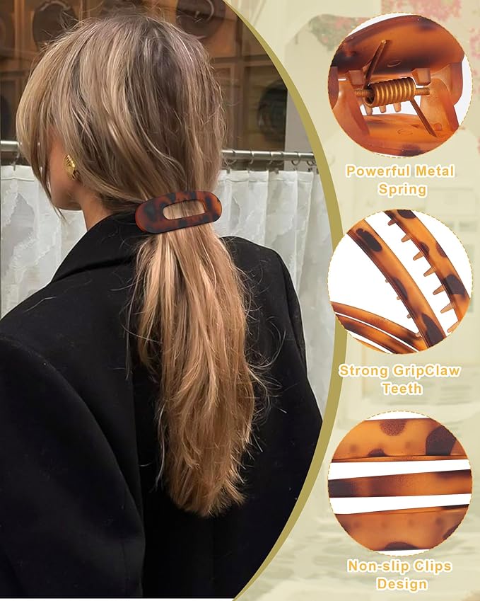 6 PCS French Flat Hair Clips for Women 2 Styles Large Matte Flat Claw Clips Strong Hold No-Slip French Hair Barrettes for Thick Thin Hair(Leopard 2)