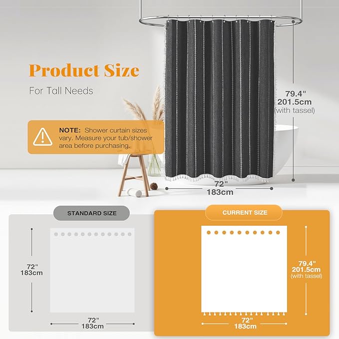 BTTN Boho Farmhouse Shower Curtain - Linen Rustic Heavy Duty Striped Fabric Shower Curtain Set, Bohemian Vintage Country Cloth Shower Curtains for Bathroom, Charcoal Grey, 72" W x 78" L (Pack of 1)