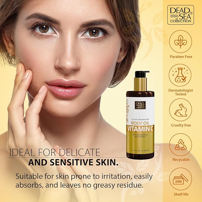 Dead Sea Collection Vitamin C Body Oil for Dry & Sensitive Skin – Moisturizing & Hydrating Skin Oil with Vitamin E & Blend of Almond, Grape, Olive, Wheat Germ Oil – Gentle Nourishing Skincare 6.76 oz