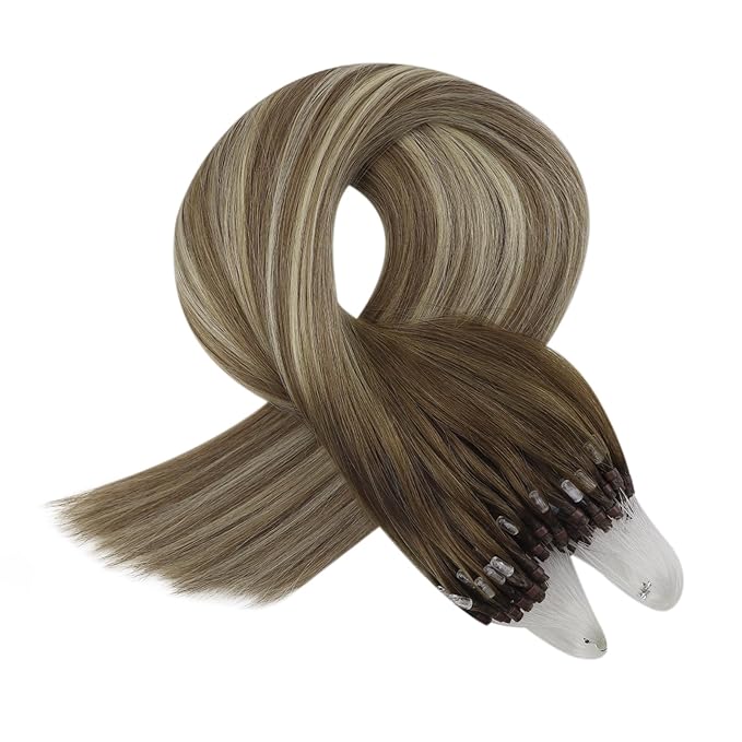 Full Shine Micro Bead Hair Extensions Real Human Hair 24 Inch 50G with 7G Micro Beads Brown Ombre Ash Brown and Blonde Microloop Hair Extensions Human Hair Prebonded Extensions Long Hair