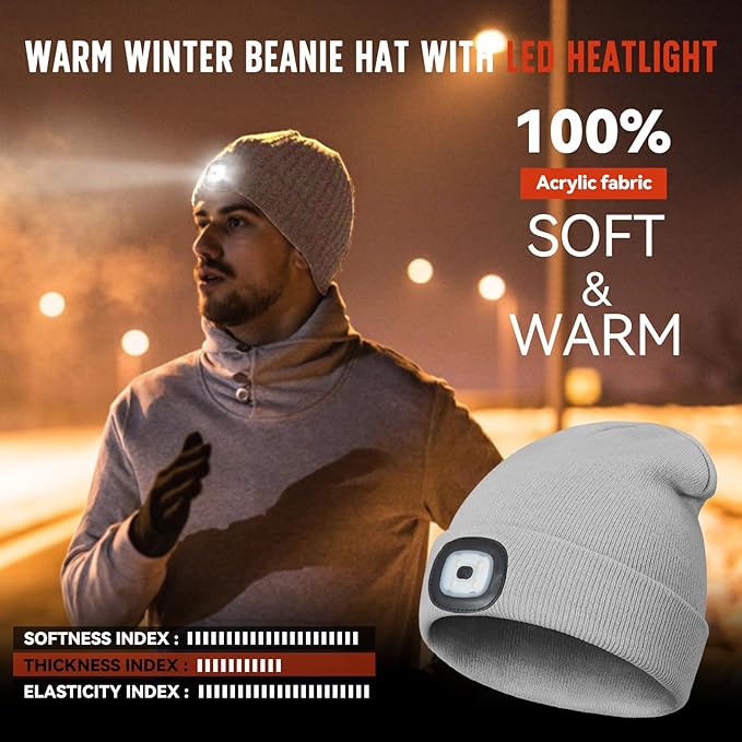Unisex Beanie Hat with Light, Rechargeable Headlight Cap, Stocking Stuffers for Men, Cool Gadget Gifts for Him, Birthday Gifts for Women, Grey