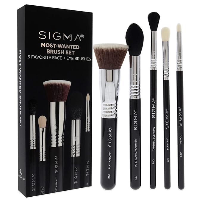 SIGMA Beauty Most Wanted Makeup Brush Set – Set of 5 Favorite Makeup Brushes for Foundation, Highlighter, Eyeshadow, Pencil Liner, and Blending (5 pcs)