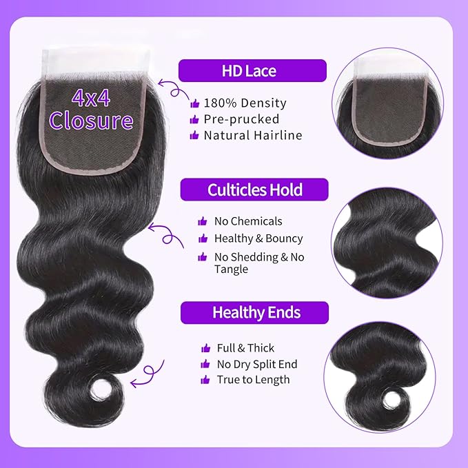 Body Wave Bundles with Closure Human Hair 16 18 20 22 + 14 Inch Brazilian Human Hair 4 Bundles with 4x4 HD Lace Closure Part 12A Grade 100% Unprocessed Virgin Hair