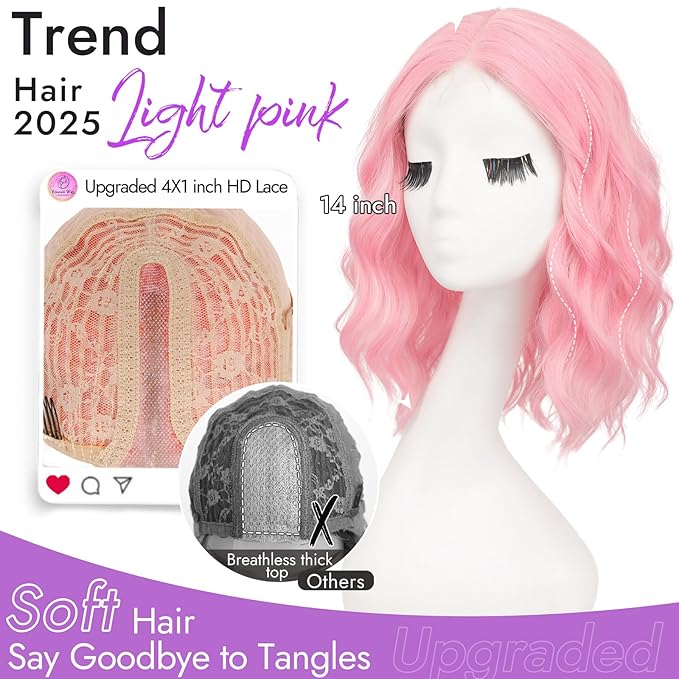 Light Pink Short Wavy Wig for Women Lace Hairline Bob Style Synthetic Heat Resistant - Natural Appearance for Everyday Hairstyle 14 Inch