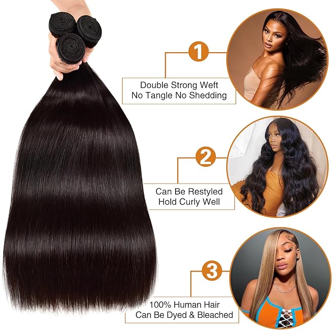 Straight Human Hair Bundles 24 26 28 Inch 100% Unprocessed Brazilian Remy Virgin 10A Straight Quick Weave 3 Bundles Deals Human Hair Extensions Natural Black