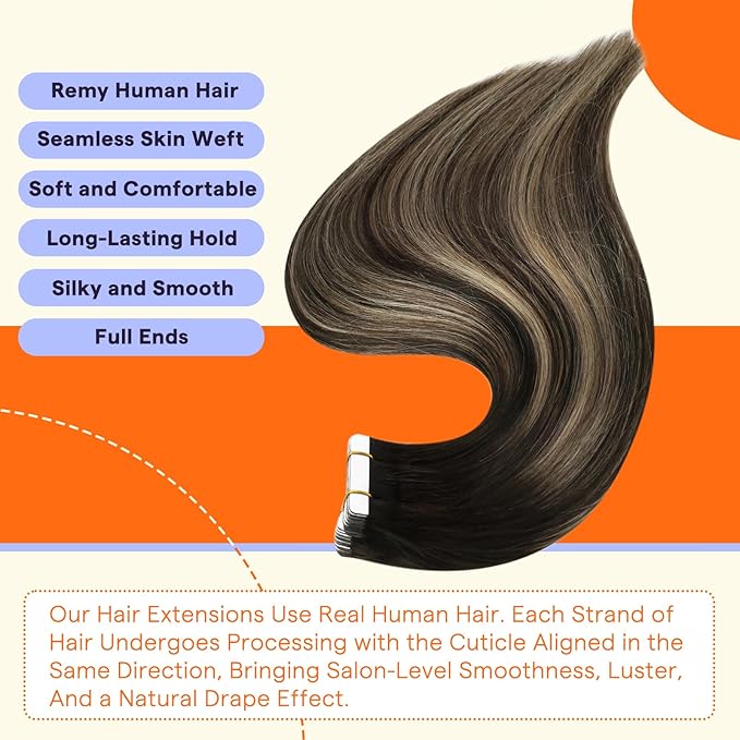 Full Shine Tape in Hair Extensions Human Hair Color 1B/27/1B Black with Blonde Extensions Tape in 20PCS Double Sided Tape ins Human Hair Extensions 50grams Remy Extensions 22 Inch Add Volume