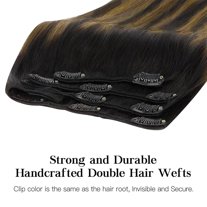 HOTBANANA Human Hair Clip in Hair Extensions, Balayage Natural Black to Golden Brown 120g Clip in Hair Extensions Real Human Hair Straight Remy Hair Clip Ins 14 Inch 7pcs