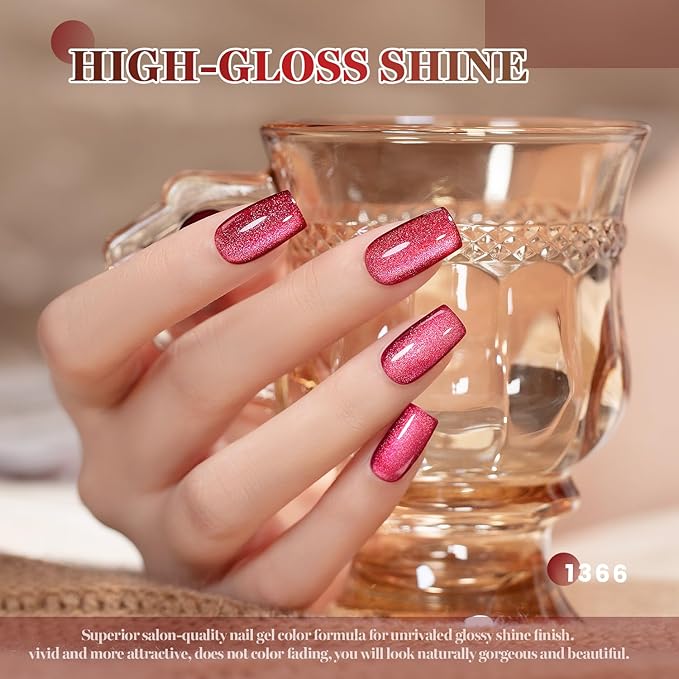 RARJSM Coffee Brown Ceramic Glitter Cat Eye Gel Nail Polish Set 6pcs Nude Light Mocha Brown Champagne Ruby Red Dark Cherry Red Jelly Sparkle Diamond Silver Shimmer Cateye Gelpolish Curing Requires