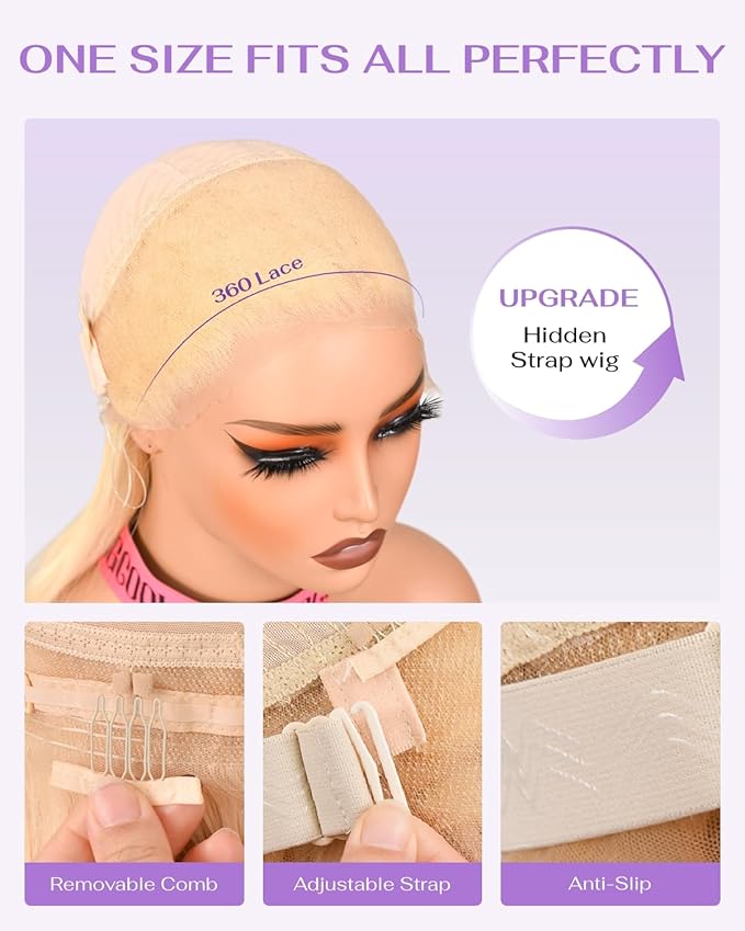 Hidden Strap Straight 360 613 Lace Front Wigs Human Hair Invisible Strap Pre Plucked 180% Density SALON-Quality Blonde Wig with Drawstring Glueless Wigs HD Full Lace Human Hair Wigs 30inch