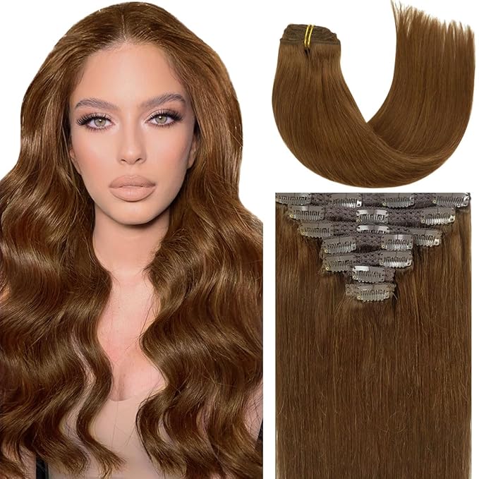 Caliee 14Inch Clip in Hair Extensions Human Hair Color 4 Chocolate Brown Double Weft Real Hair Extensions Lace Straight Invisible Clip in Hair Extension 120G 7PCS